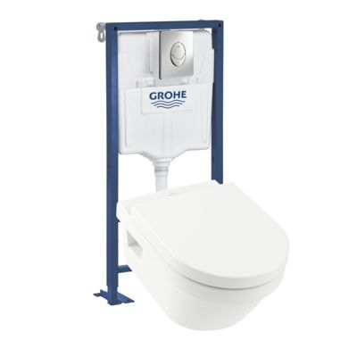 WC suspendu sans bride VILLEROY ET BOCH Architectura + abattant + bati support GROHE + plaque de commande chrome