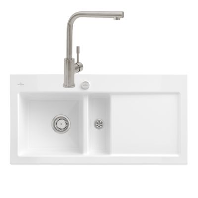 Evier VILLEROY ET BOCH Subway Pure 60 1 bac et demi égouttoir à droite vidage auto + Robinet Modern Steel Acier Massif