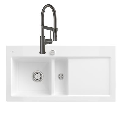 Evier VILLEROY ET BOCH Subway Pure 60 1 bac et demi égouttoir à droite vidage auto + Robinet Steel Expert Compact