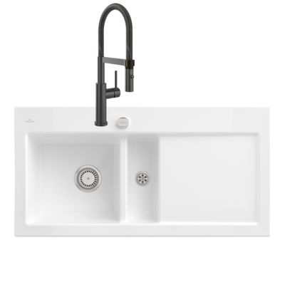 Evier VILLEROY ET BOCH Subway Pure 60 1 bac et demi égouttoir à droite vidage auto + Robinet Steel Expert 2.0
