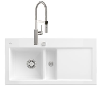 Evier VILLEROY ET BOCH Subway Pure 60 1 bac et demi égouttoir à droite vidage auto + Robinet Steel Expert 2.0 Acier Massif