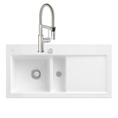 Evier VILLEROY ET BOCH Subway Pure 60 1 bac et demi égouttoir à droite vidage auto + Robinet Steel Expert Compact Acier Massif
