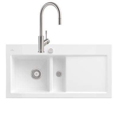 Evier VILLEROY ET BOCH Subway Pure 60 1 bac et demi égouttoir à droite vidage auto + Robinet Umbrella Flex Acier Massif