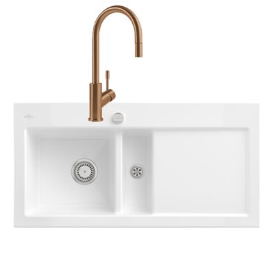 Evier VILLEROY ET BOCH Subway Pure 60 1 bac et demi égouttoir à droite vidage auto + Robinet Umbrella Flex Or