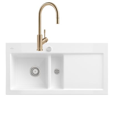 Evier VILLEROY ET BOCH Subway Pure 60 1 bac et demi égouttoir à droite vidage auto + Robinet Umbrella Flex Or - vue 2