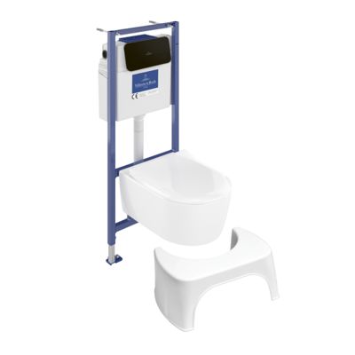 Pack WC sans bride VILLEROY ET BOCH Avento + Bâti support + abattant frein de chute + plaque + Tabouret