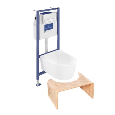 Pack WC suspendu sans bride VILLEROY ET BOCH Avento + abattant + bâti-support sol et mur + plaque chromée + tabouret physiologique