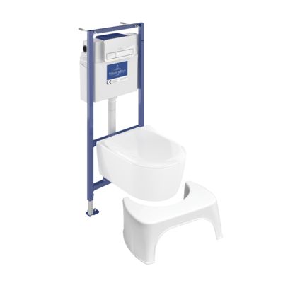 Pack WC sans bride VILLEROY ET BOCH Avento + Bâti support + abattant frein de chute + plaque chromée + Tabouret