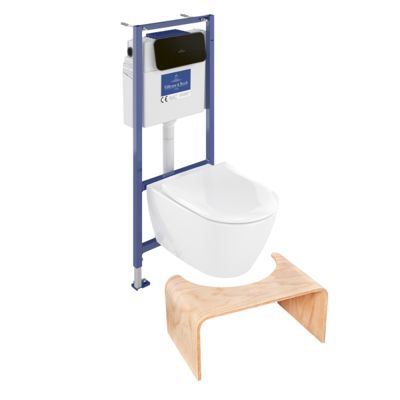 Pack WC sans bride VILLEROY ET BOCH Subway 2.0 abattant frein de chute + bâti support sol et mur+ plaque +Tabouret bois