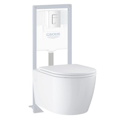 Pack WC suspendu sans bride Start Round Ceramic  + abattant frein de chute + Bâti-support autoportant + Plaque carré blanc alpin