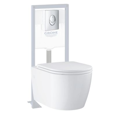 Pack WC suspendu sans bride GROHE Start Round Ceramic + Abattant frein de chute + Bati support autoportant + Plaque carré chromé