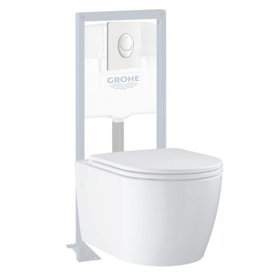 Pack WC suspendu sans bride GROHE Start Round  + abattant frein de chute + Bâti-support autoportant + Plaque blanc alpin