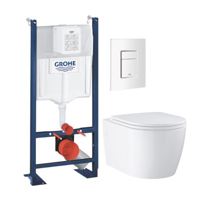 Pack WC suspendu sans bride GROHE Start Round Ceramic  + Abattant frein de chute + Bati support mur + Plaque carré blanc alpin