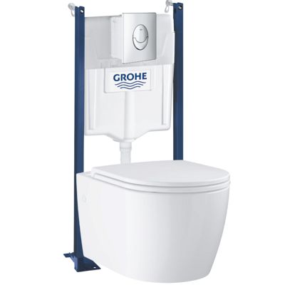 Pack WC suspendu sans bride GROHE Start Round Ceramic  + abattant frein de chute + Bâti-support mur + Plaque chromé