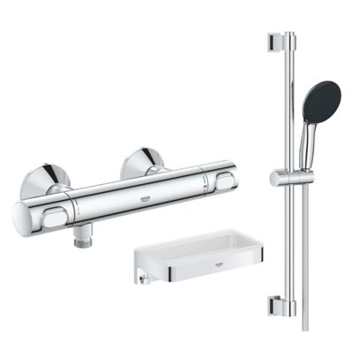 Mitigeur douche thermostatique GROHE Precision Flow + Ensemble de douche Start 2 jets avec barre + Panier douche