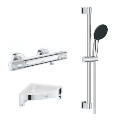 Mitigeur douche thermostatique GROHE Precision Feel + Ensemble de douche Start 2 jets avec barre + Tablette d'angle