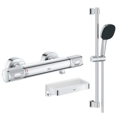 Mitigeur douche thermostatique GROHE Precision Feel + Ensemble de douche 2 jets avec barre + Panier douche