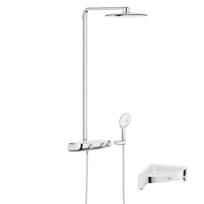 Colonne de douche thermostatique GROHE Rainshower System SmartControl Mono 360 Blanc/chromé + Tablette douche d'angle Start Cube