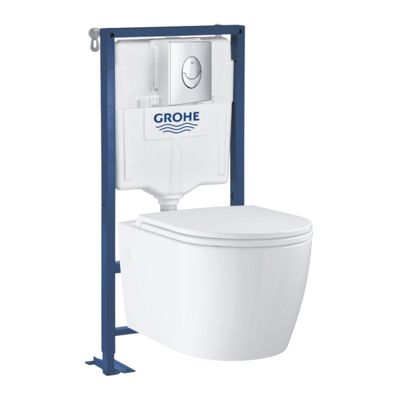 Pack WC suspendu sans bride Start Round Ceramic + Abattant frein de chute + Bâti support autoportant + Plaque de commande chromé