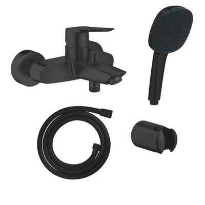 Mitigeur bain douche mécanique GROHE Start 2021 noir mat + Douchette 2 jets Vitalio Comfort 110 avec flexible et support