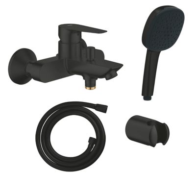 Mitigeur bain douche mécanique GROHE Start Edge 2020 noir mat + Douchette 2 jets Vitalio Comfort 110 avec flexible et support