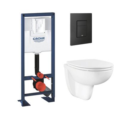 Pack bâti-support largeur réduite GROHE Rapid SL + Cuvette suspendue sans bride abattant BauCeramic + Plaque commande noir mat