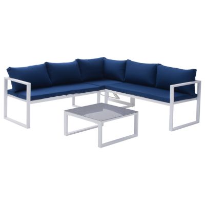 Salon de jardin modulable IBIZA en tissu bleu 4 places - aluminium blanc - HAPPY GARDEN
