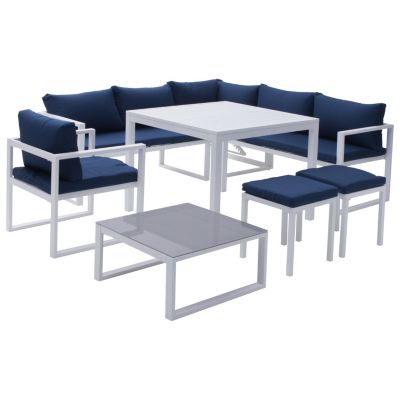 Salon de jardin modulable IBIZA en tissu bleu 7 places - aluminium blanc - HAPPY GARDEN