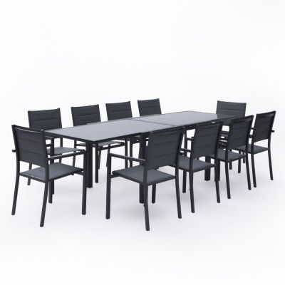 Salon de jardin LAMPEDUSA extensible en textilène gris 10 places - aluminium anthracite - HAPPY GARDEN