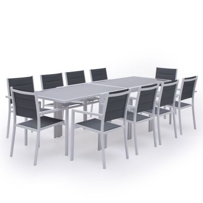 Salon de jardin LAMPEDUSA extensible en textilène gris 10 places - aluminium blanc - HAPPY GARDEN