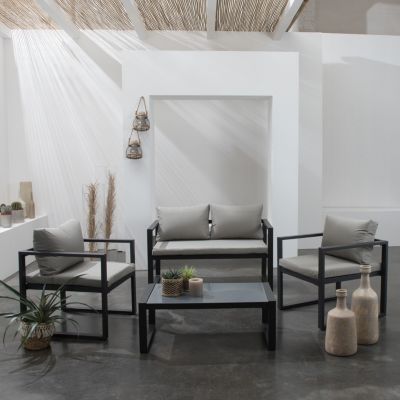 Salon de jardin IBIZA en tissu gris 4 places - aluminium anthracite - HAPPY GARDEN