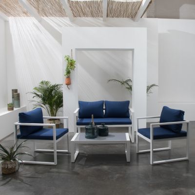 Salon de jardin IBIZA en tissu bleu 4 places - aluminium blanc - HAPPY GARDEN