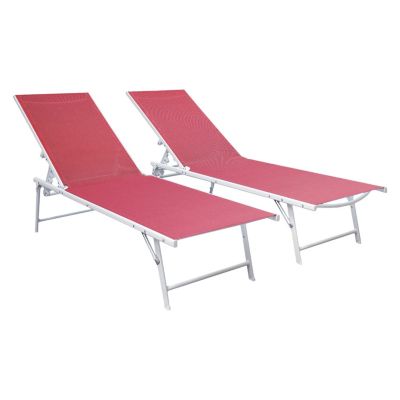 Lot de 2 bains de soleil pliants SICILIA en textilène rose - structure blanche - HAPPY GARDEN