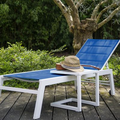 Set bain de soleil et table d'appoint BARBADOS en textilène bleu - aluminium blanc - HAPPY GARDEN