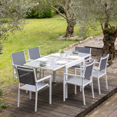 Salon de jardin LAMPEDUSA extensible en textilène gris 8 places - aluminium blanc - HAPPY GARDEN