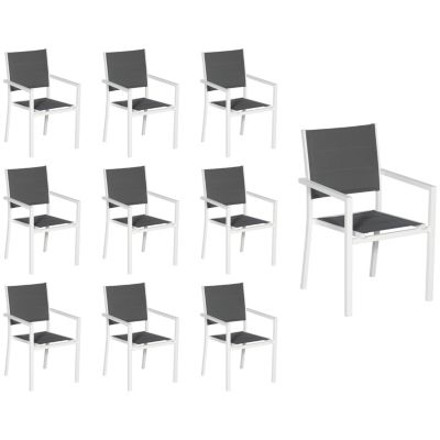 Lot de 10 chaises rembourrées en aluminium blanc - textilène gris - HAPPY GARDEN