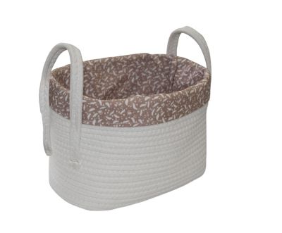 Panier de rangement rectangulaire corde blanc et motif discret rose pâle