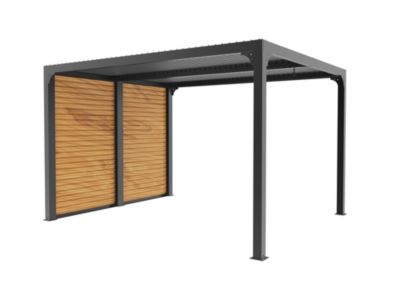 Pergola bioclimatique autoportante aluminium gris + ventelles latérales imitation bois 3 6 m x 3 m 10 80 m2