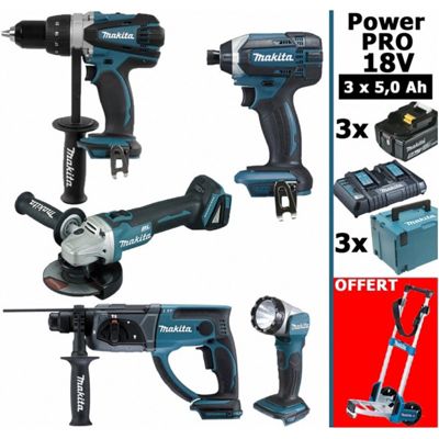 Makita France Pack Makita Power PRO 18V: DDF458 DHR202 DGA504 DTD152 Lampe Torche 3 batt 5Ah 3 c OFFERT 1 chariot diable MAKITA - vue 2
