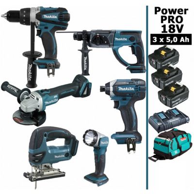 Makita France Pack Makita Power PRO 6 outils 18V: DDF458 + DHR202 + DGA504 + DTD152 + DJV180 + Lampe + 3 batt 5Ah + sac - vue 2