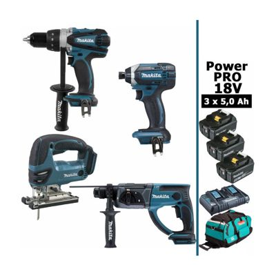 Makita France Pack Power PRO 18V 5Ah : Perceuse DDF458 + Perfo DHR202 + Visseuse à chocs DTD152 + Scie sauteuse DJV180 + 2 batt + sac MAKITA - vue 2