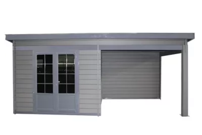 Abri de jardin + auvent Green Outside toit plat en composite coloris gris ép.28 mm surface extérieur