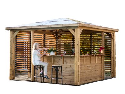 Pool house manuel bois Habrita THB3535.CCVV 3,79 x 3,79 m avec 2 parois vantelle et 2 parois comptoi