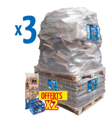 3 Packs bois de chauffage Woodstock – 3 palettes – bûches 30 cm + densifiées + allumage – prêt à l’emploi