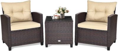 3pcs Ensemble de Bistrot Meubles en Imitation de Rotin Table avec Plateau en Verre Trempe et 2 Sieges avec Coussins