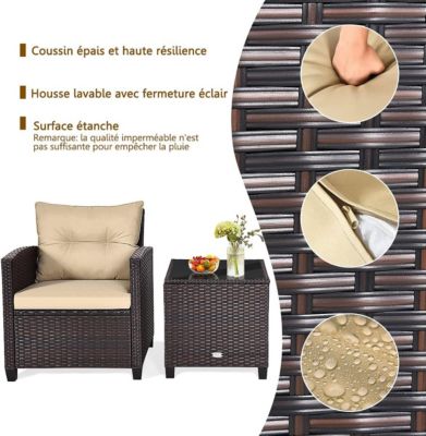 3pcs Ensemble de Bistrot Meubles en Imitation de Rotin Table avec Plateau en Verre Trempe et 2 Sieges avec Coussins