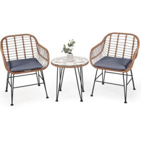 3Pcs Ensemble de Salon de Jardin 2 Fauteuils avec Coussins en Osier et Table Basse en Verre  pour Balcon Cour arrière