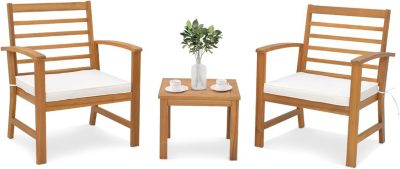 3Pcs Salon de Jardin 2 Personnes en Bois d'Acacia Table et 2 Chaises Jardin avec Coussins Ensemble de Mobilier de Salon