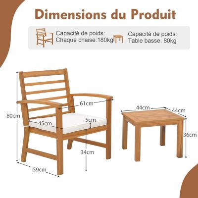 3Pcs Salon de Jardin 2 Personnes en Bois d'Acacia Table et 2 Chaises Jardin avec Coussins Ensemble de Mobilier de Salon