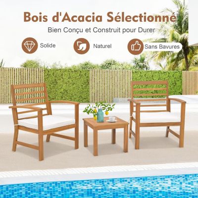 3Pcs Salon de Jardin 2 Personnes en Bois d'Acacia Table et 2 Chaises Jardin avec Coussins Ensemble de Mobilier de Salon